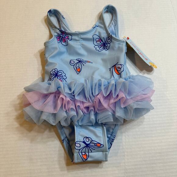 New Cat & Jack Baby Girl Blue Butterfly Bathing Suit sz 12 m One Piece Swimsuit - Picture 2 of 7
